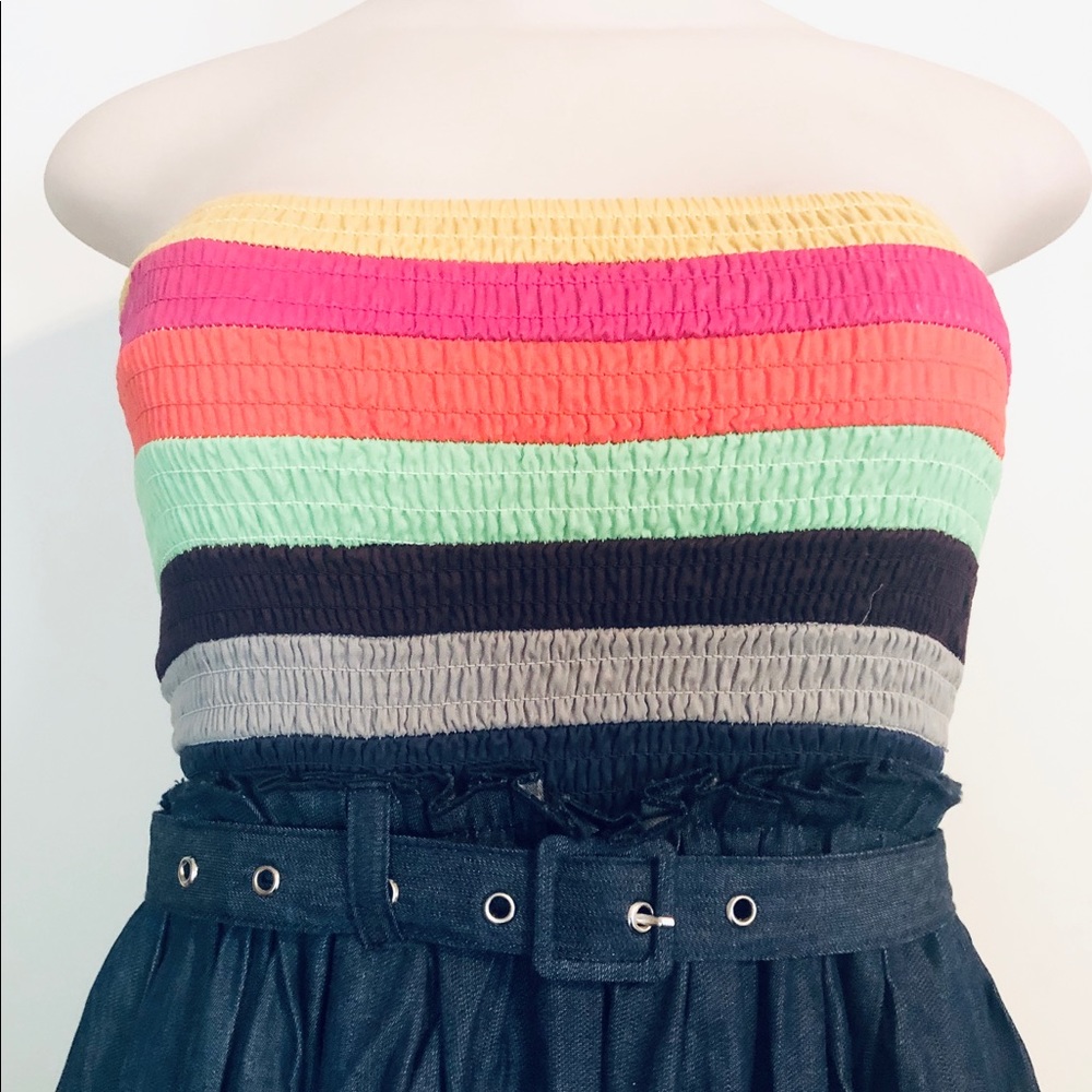 Denim and Multi-colored Strapless Dress